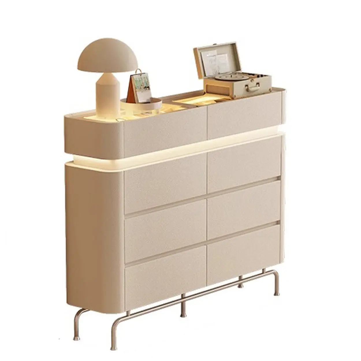 Curved Cream Composite Wood Lighted Dresser — Cream