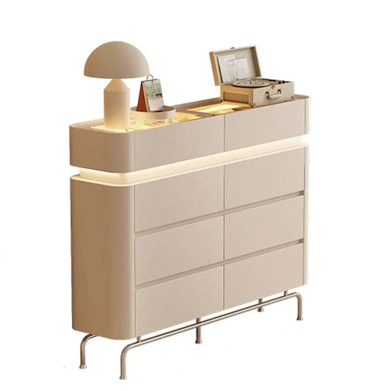Curved Cream Composite Wood Lighted Dresser — Cream