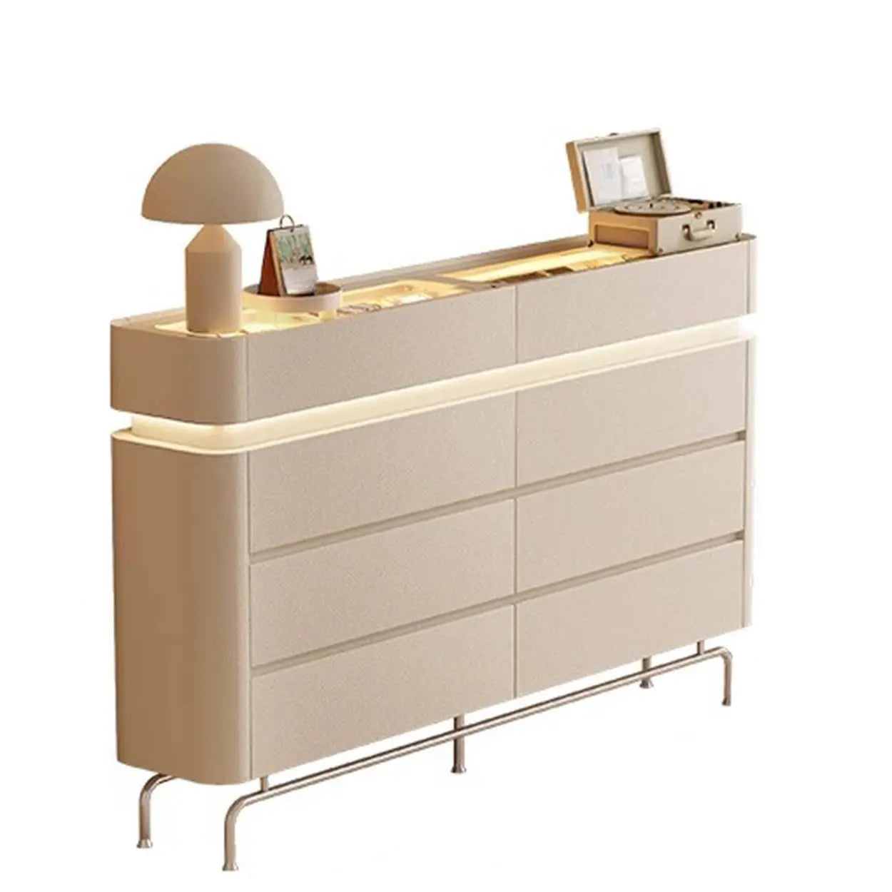 Curved Cream Composite Wood Lighted Dresser — Cream