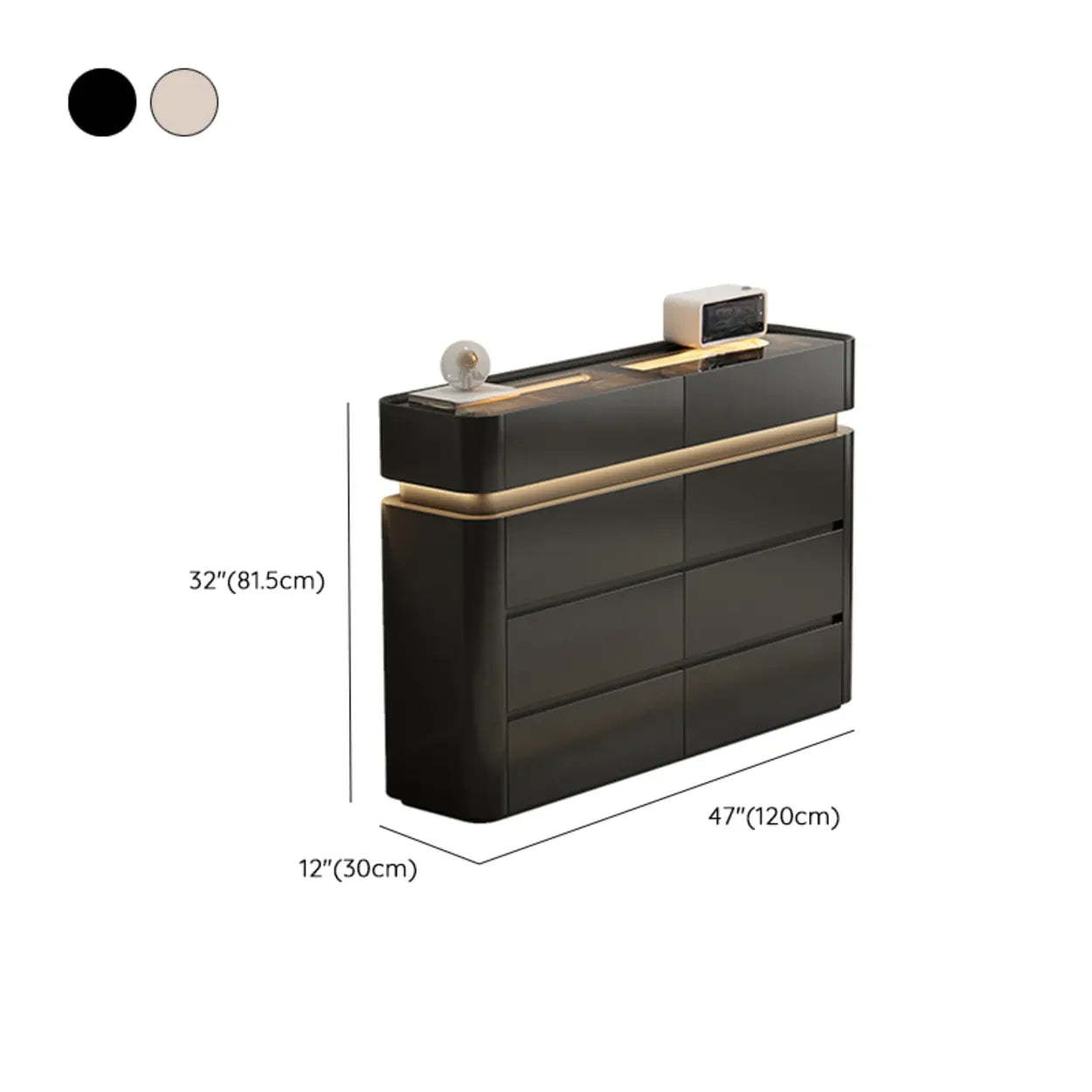 Curved Cream Composite Wood Lighted Dresser — Black