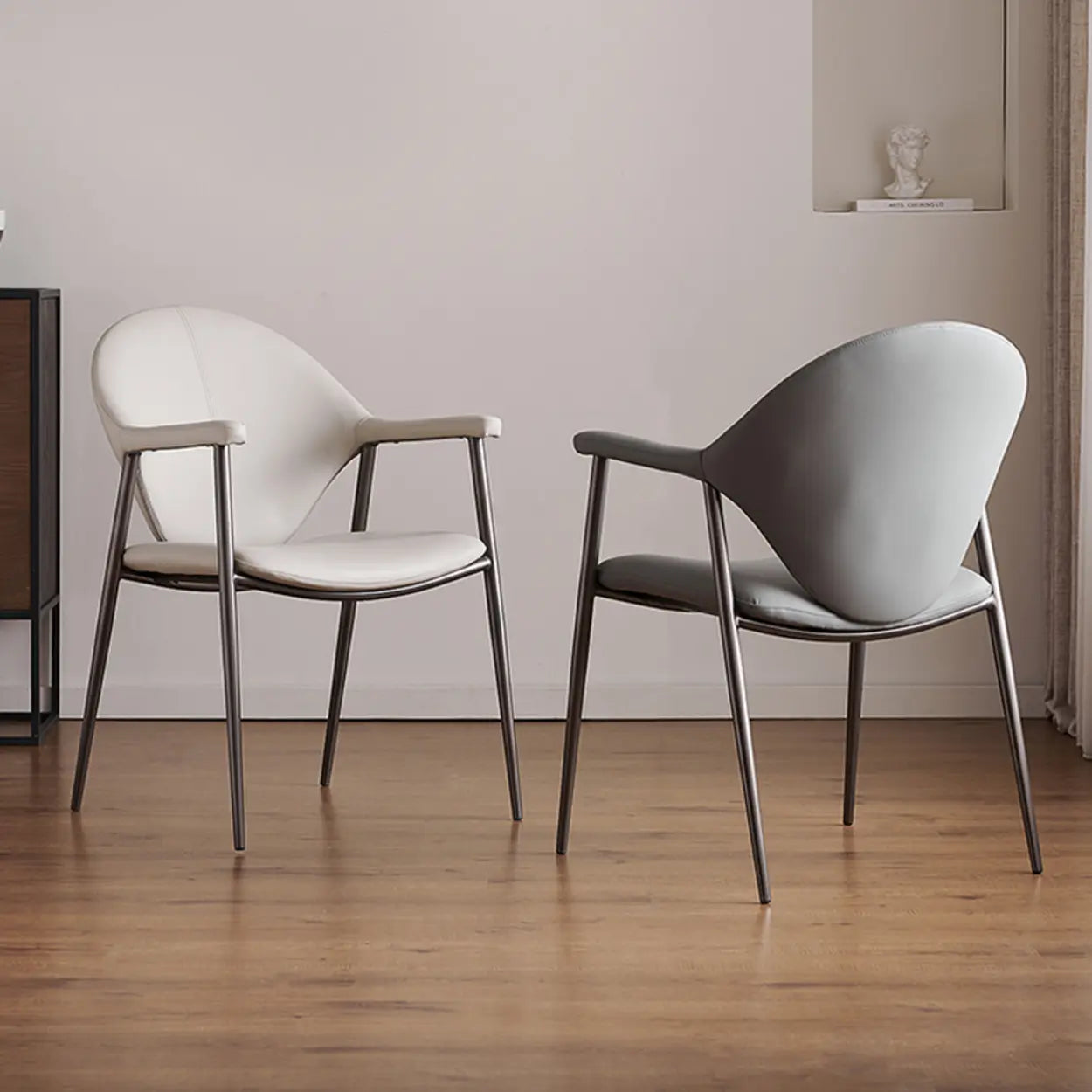 Gray Curved Faux Leather Armrest Metal Dining Chair — Dark Gray