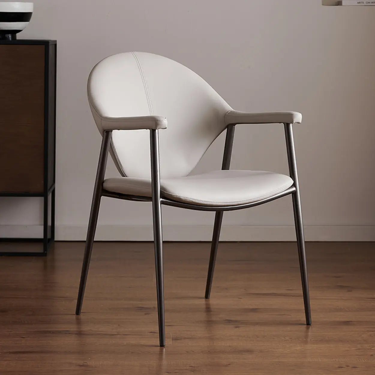 Gray Curved Faux Leather Armrest Metal Dining Chair — Light Gray