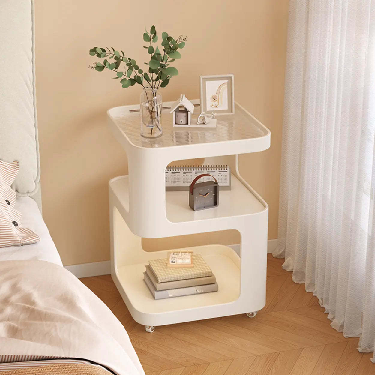 Curved Glass White Rolling Nightstand with Shelves — Black