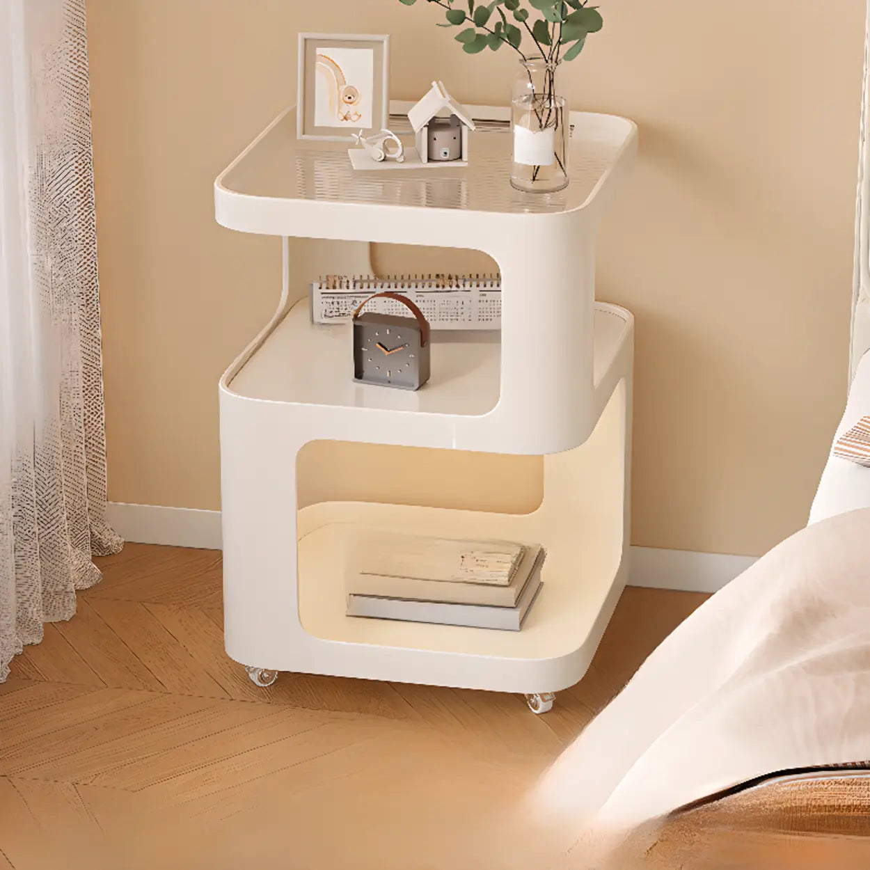 Curved Glass White Rolling Nightstand with Shelves — Cream White