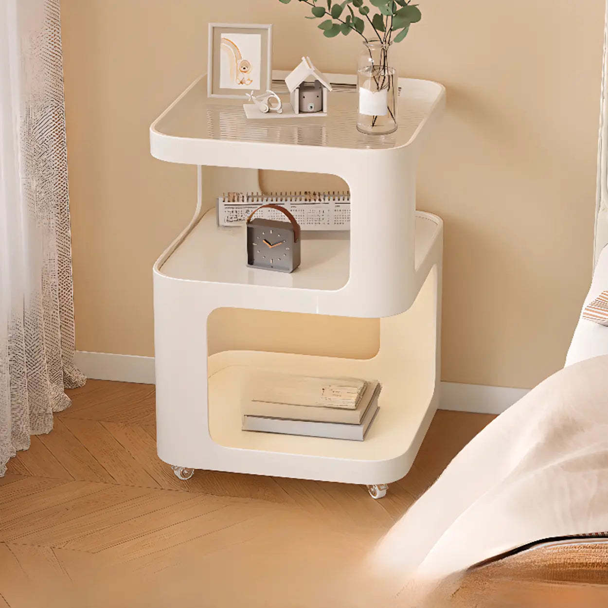 Curved Glass White Rolling Nightstand with Shelves — Cream White
