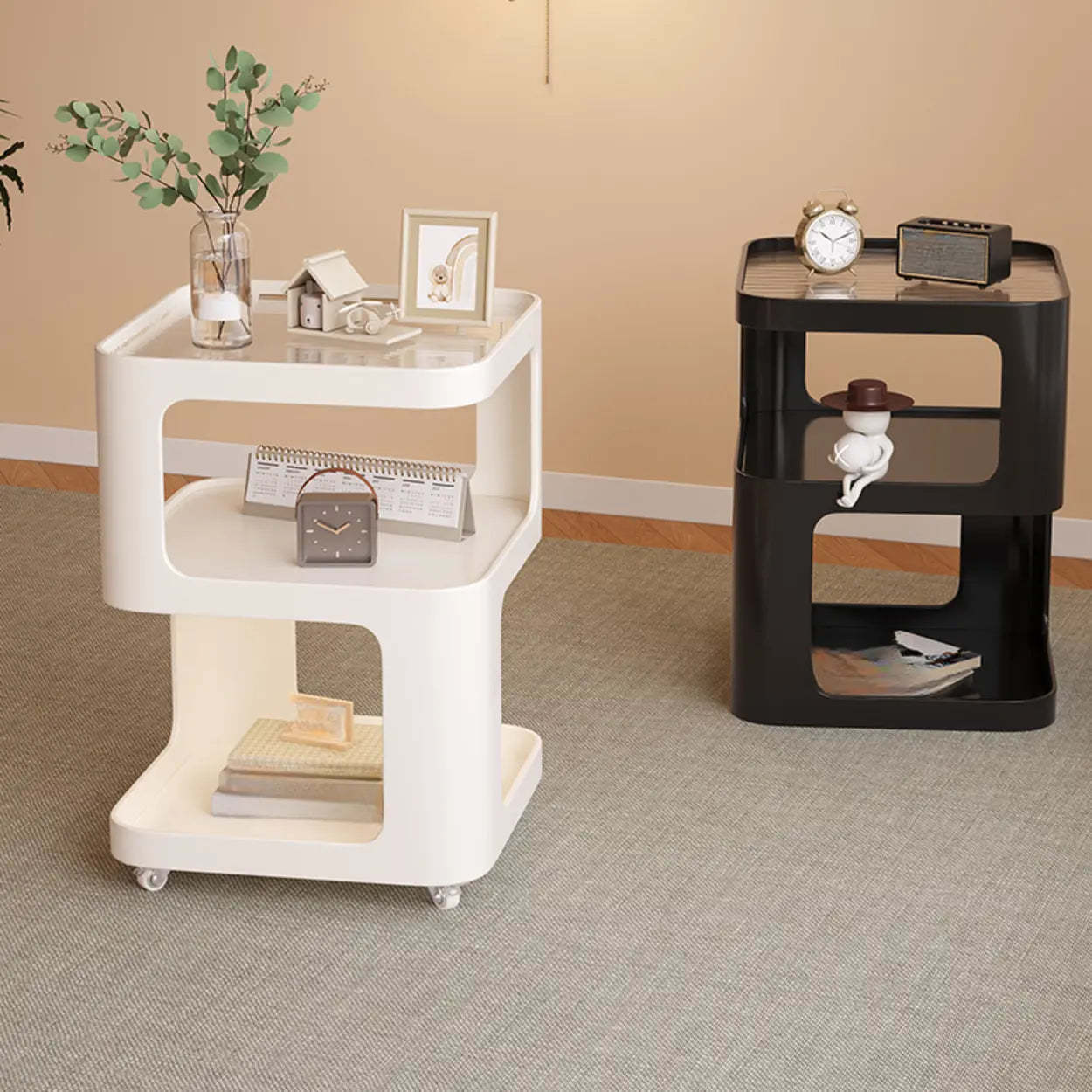 Curved Glass White Rolling Nightstand with Shelves — Cream White