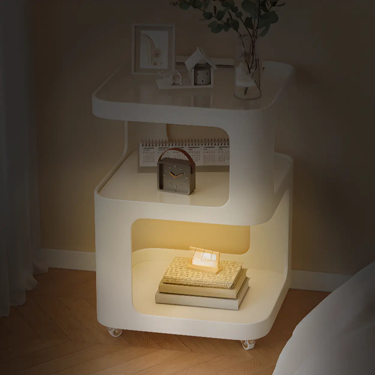 Lighom modern rolling curved white nightstands in glass metal wood