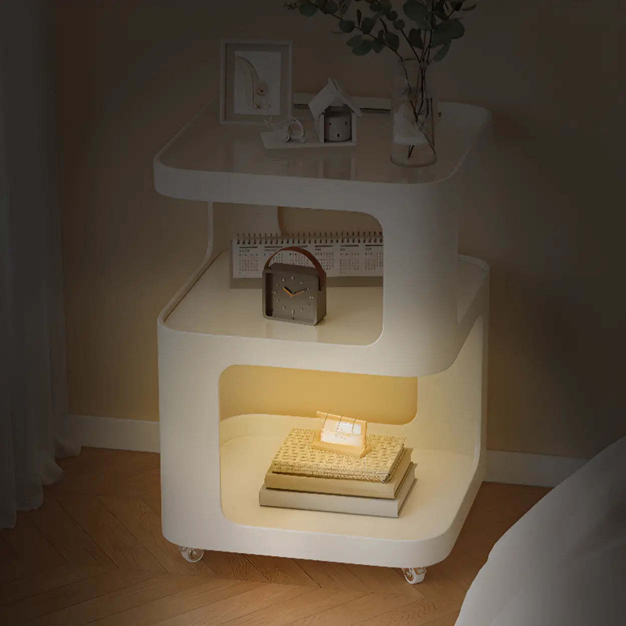 Lighom modern rolling curved white nightstands in glass metal wood