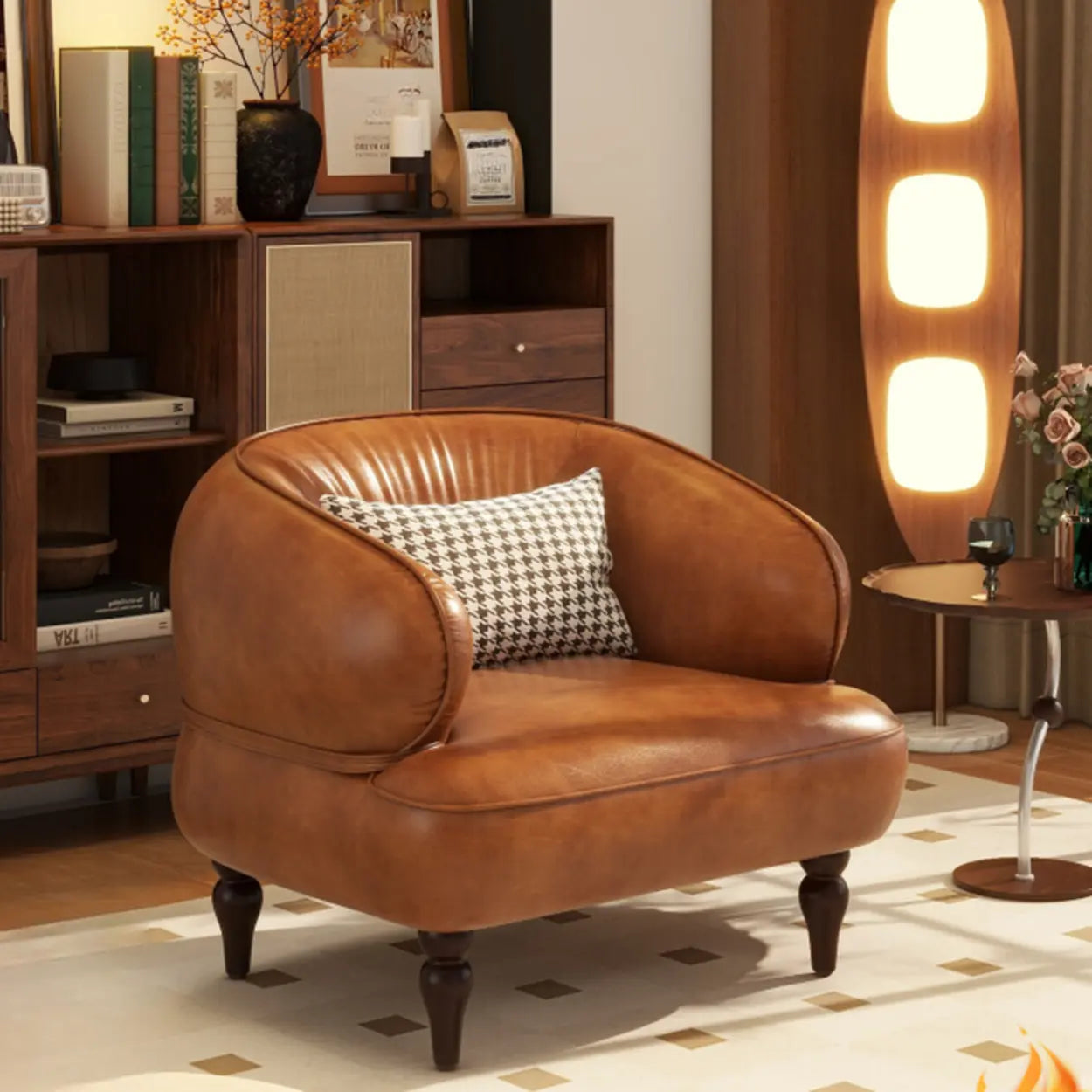 Curved Brown Leather Armchair with Pillow