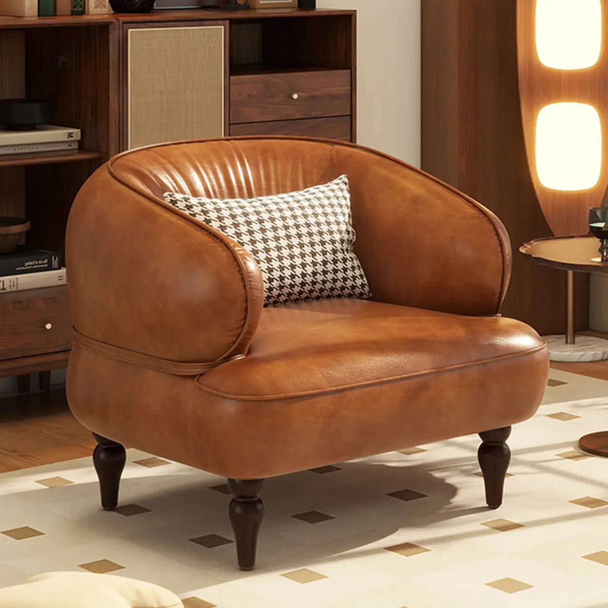 Curved Brown Leather Armchair with Pillow — Black / Oiled Leather