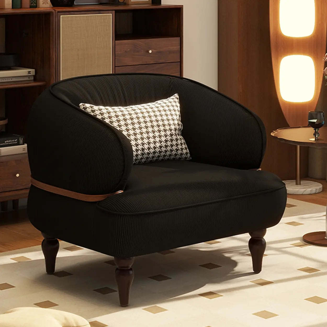 Lighom modern pillow curved brown accent chairs in leather — Corduroy / Black