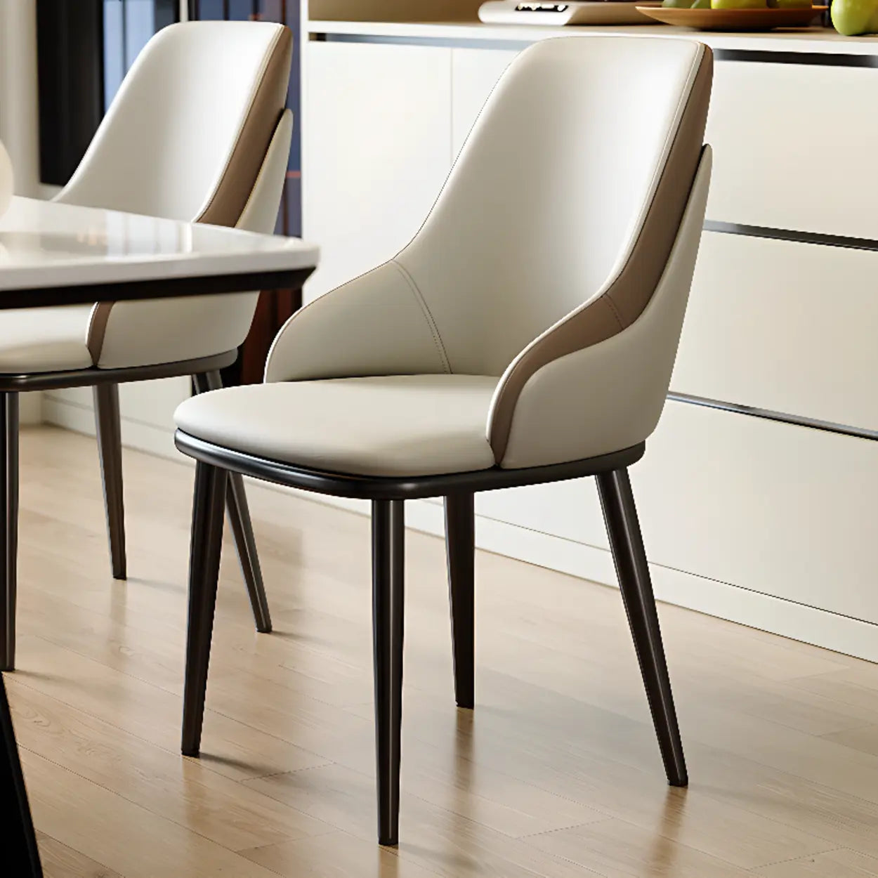 Off-White Curved Leather Armrest Dining Chair