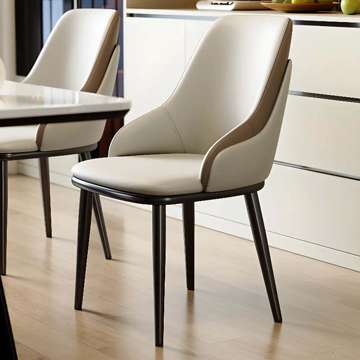 Off-White Curved Leather Armrest Dining Chair — Off-White