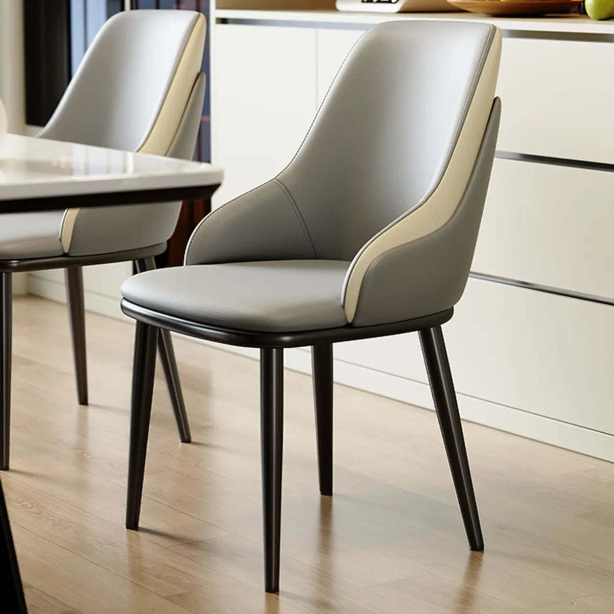 Off-White Curved Leather Armrest Dining Chair