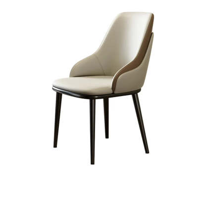 Off-White Curved Leather Armrest Dining Chair — Khaki