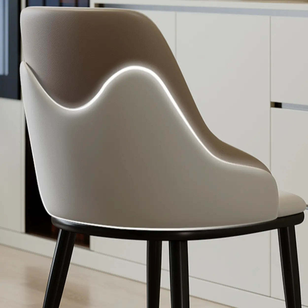 Off-White Curved Leather Armrest Dining Chair