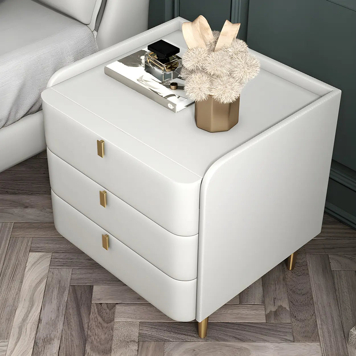 Curved Off-White Leather 3-Drawer Nightstand
