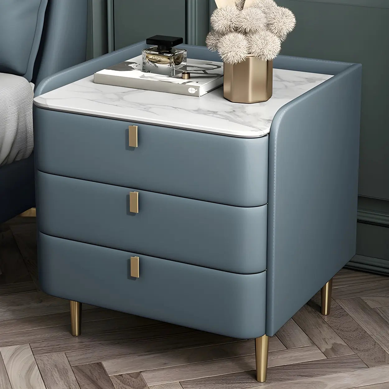Curved Off-White Leather 3-Drawer Nightstand — Light Gray