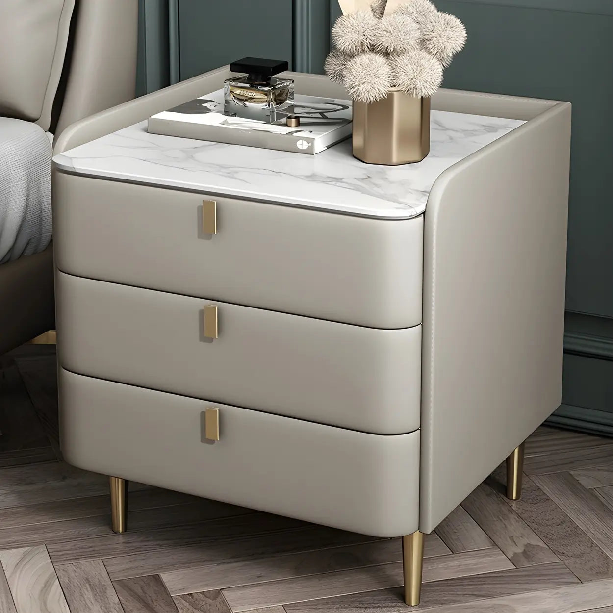 Curved Off-White Leather 3-Drawer Nightstand