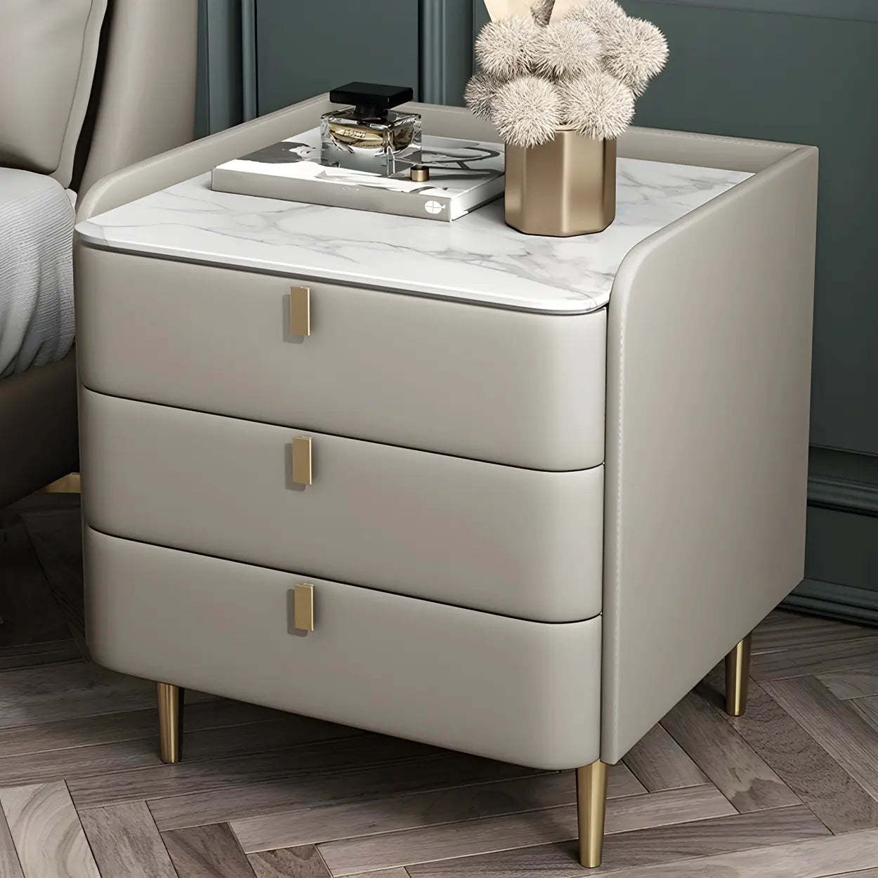 Curved Off-White Leather 3-Drawer Nightstand