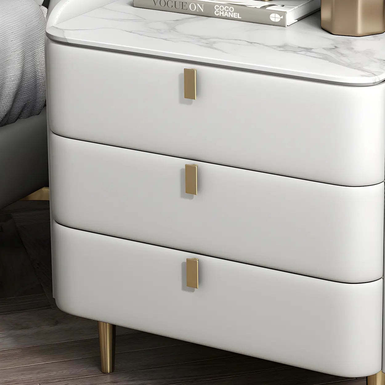 Curved Off-White Leather 3-Drawer Nightstand
