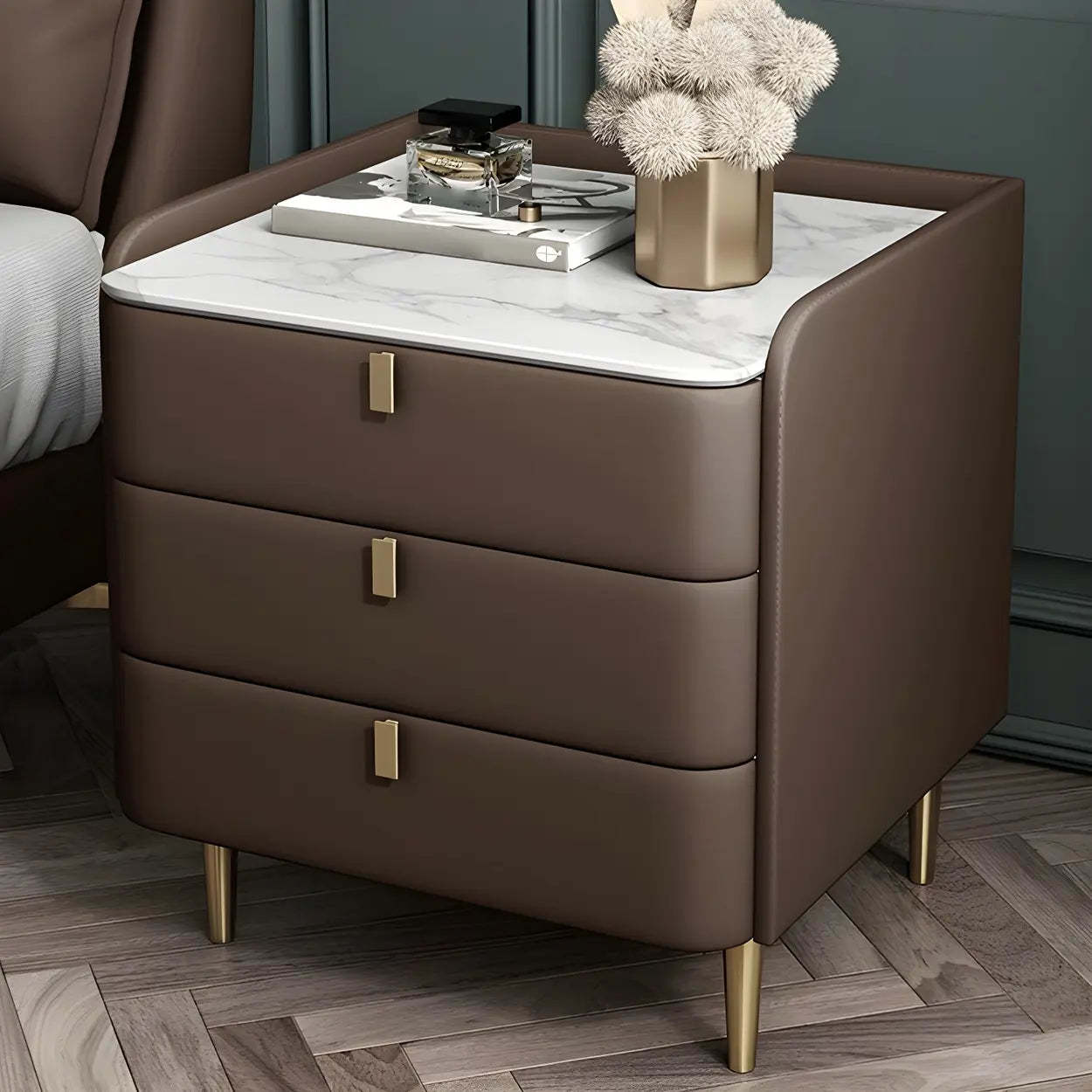 Curved Off-White Leather 3-Drawer Nightstand
