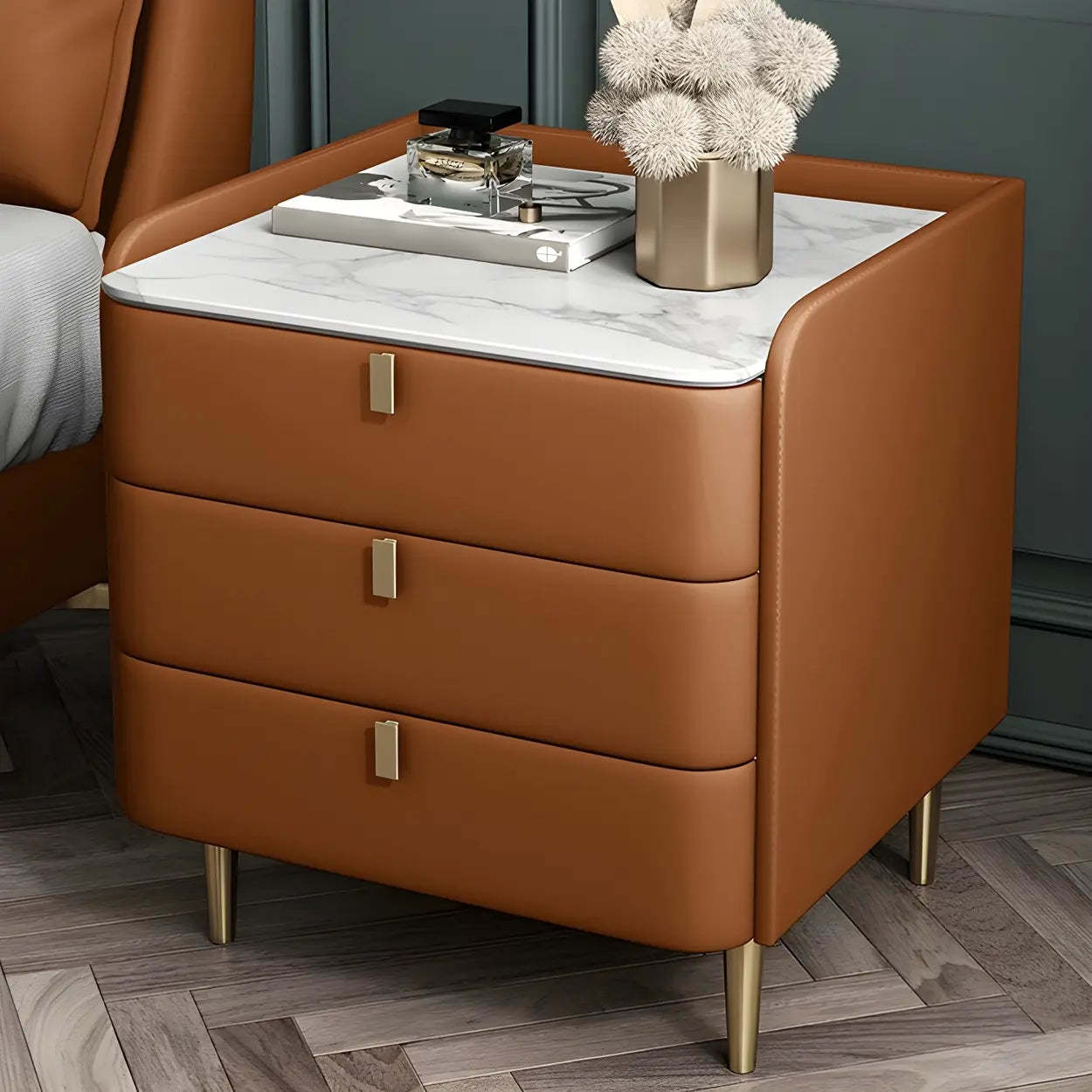 Curved Off-White Leather 3-Drawer Nightstand