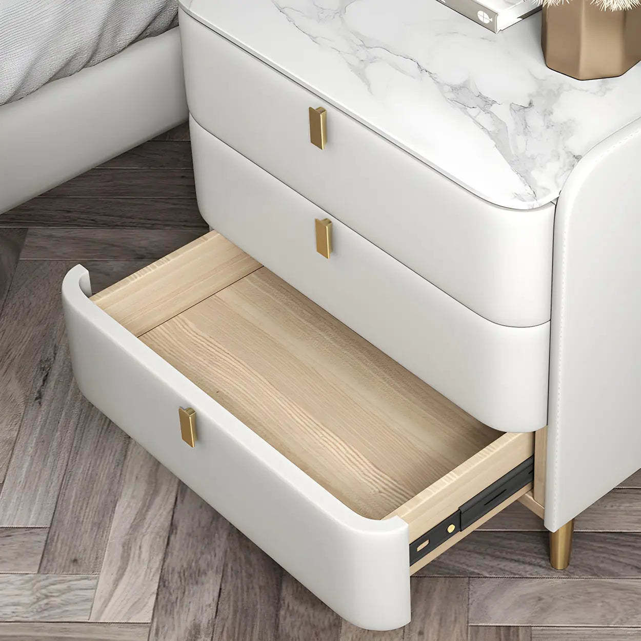 Curved Off-White Leather 3-Drawer Nightstand