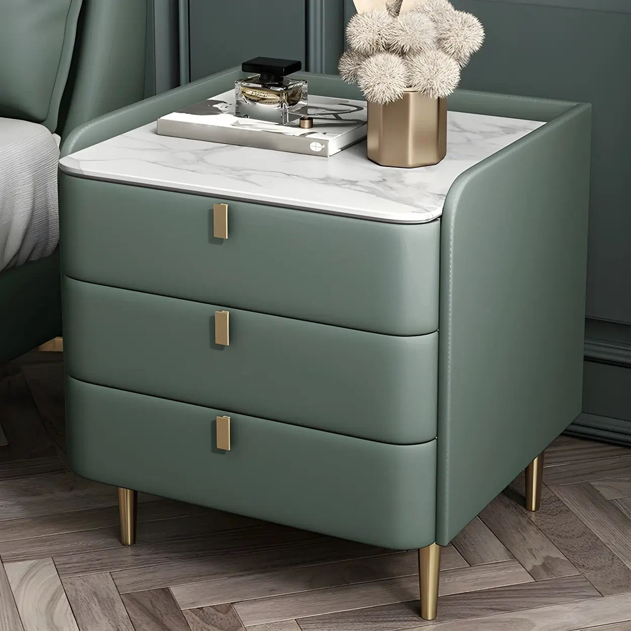 Curved Off-White Leather 3-Drawer Nightstand