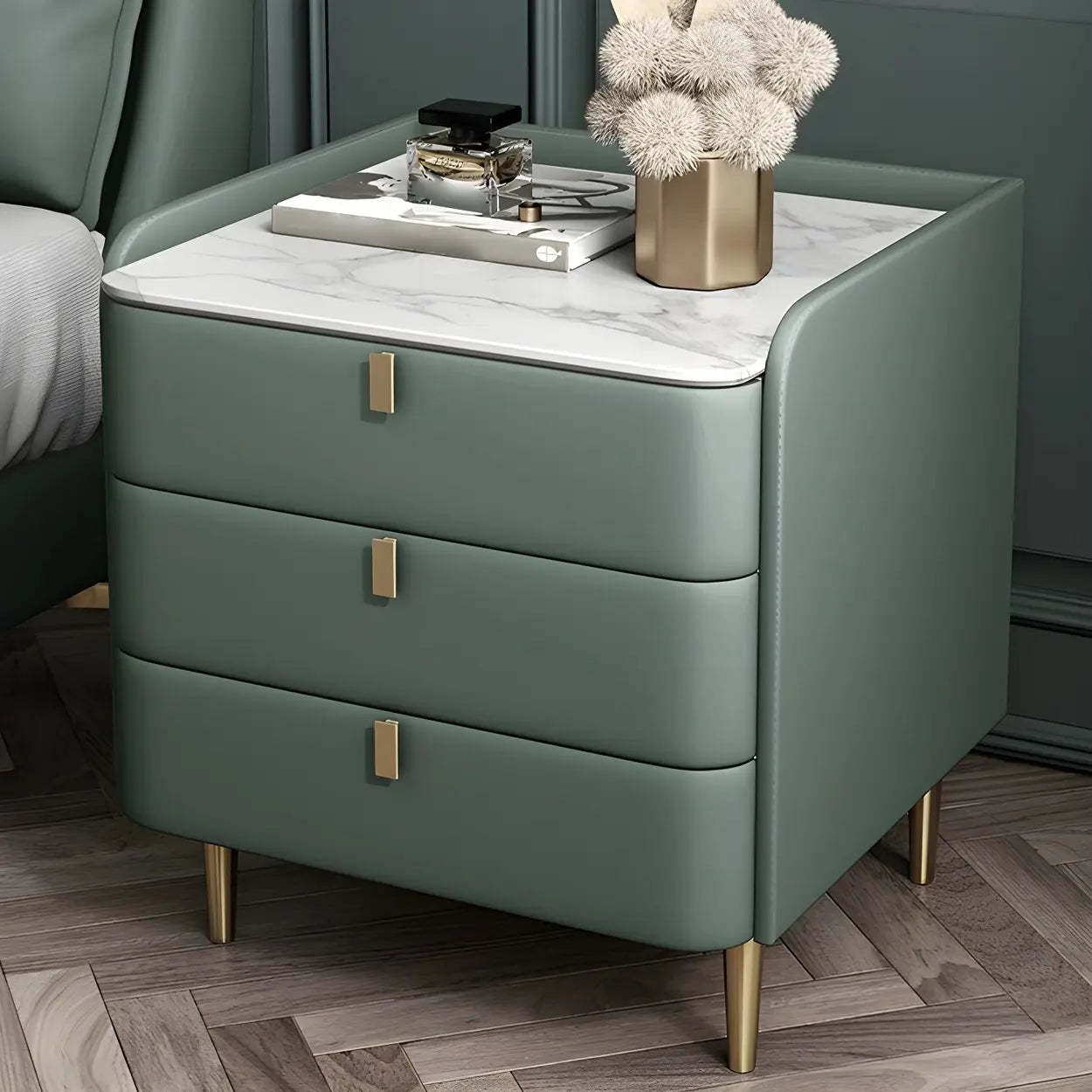 Curved Off-White Leather 3-Drawer Nightstand