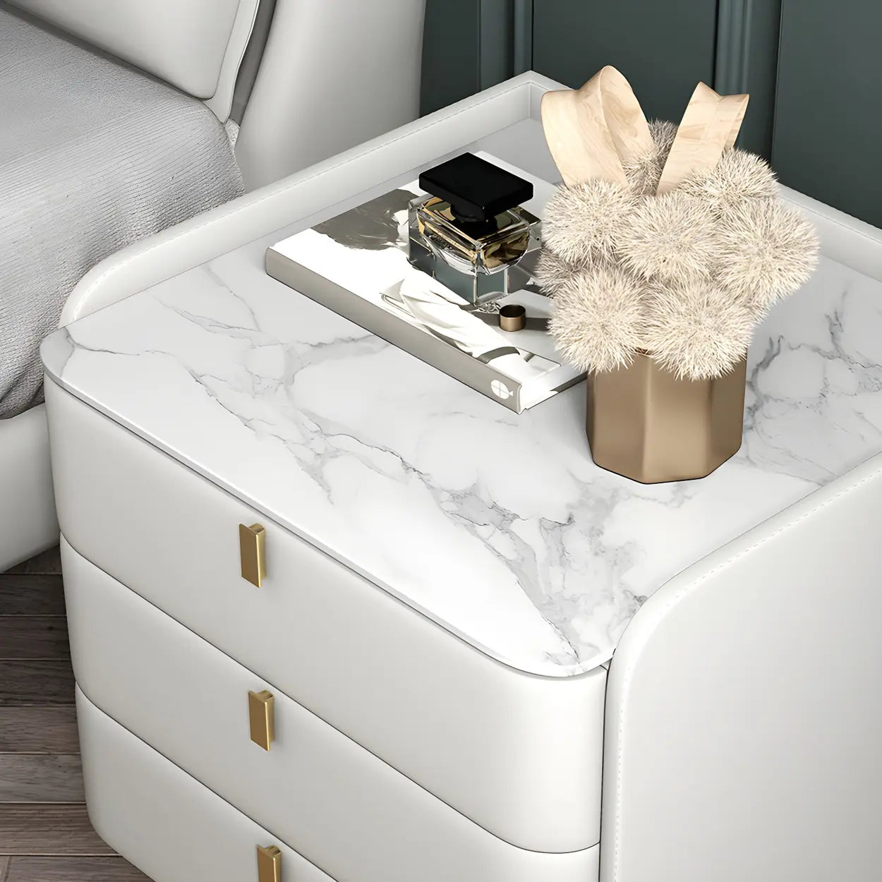 Curved Off-White Leather 3-Drawer Nightstand
