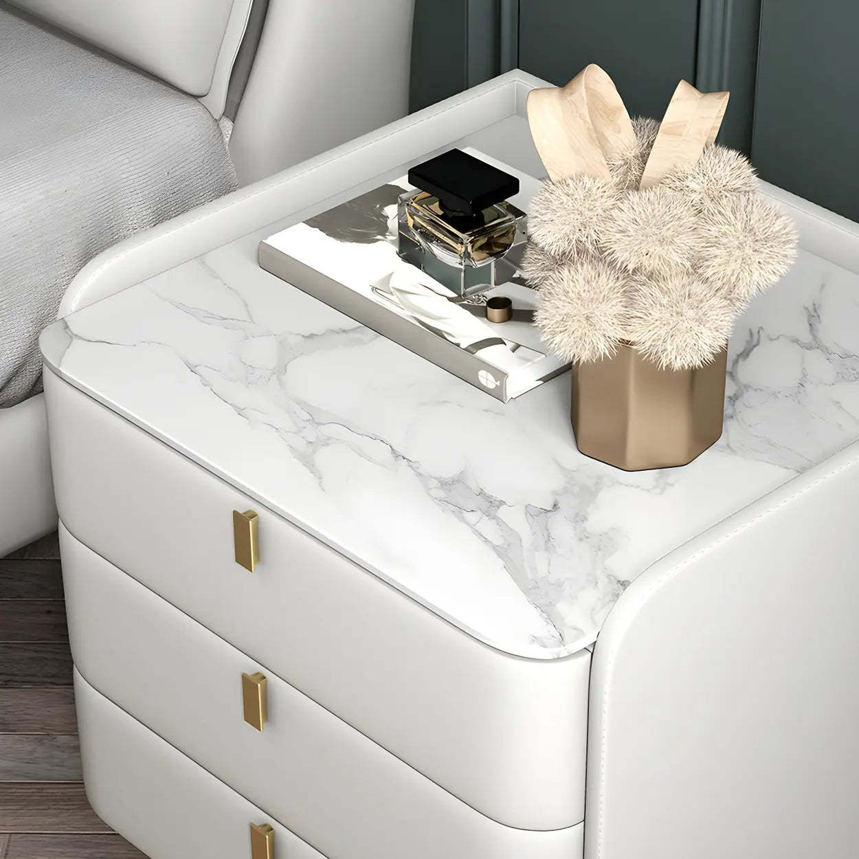 Curved Off-White Leather 3-Drawer Nightstand