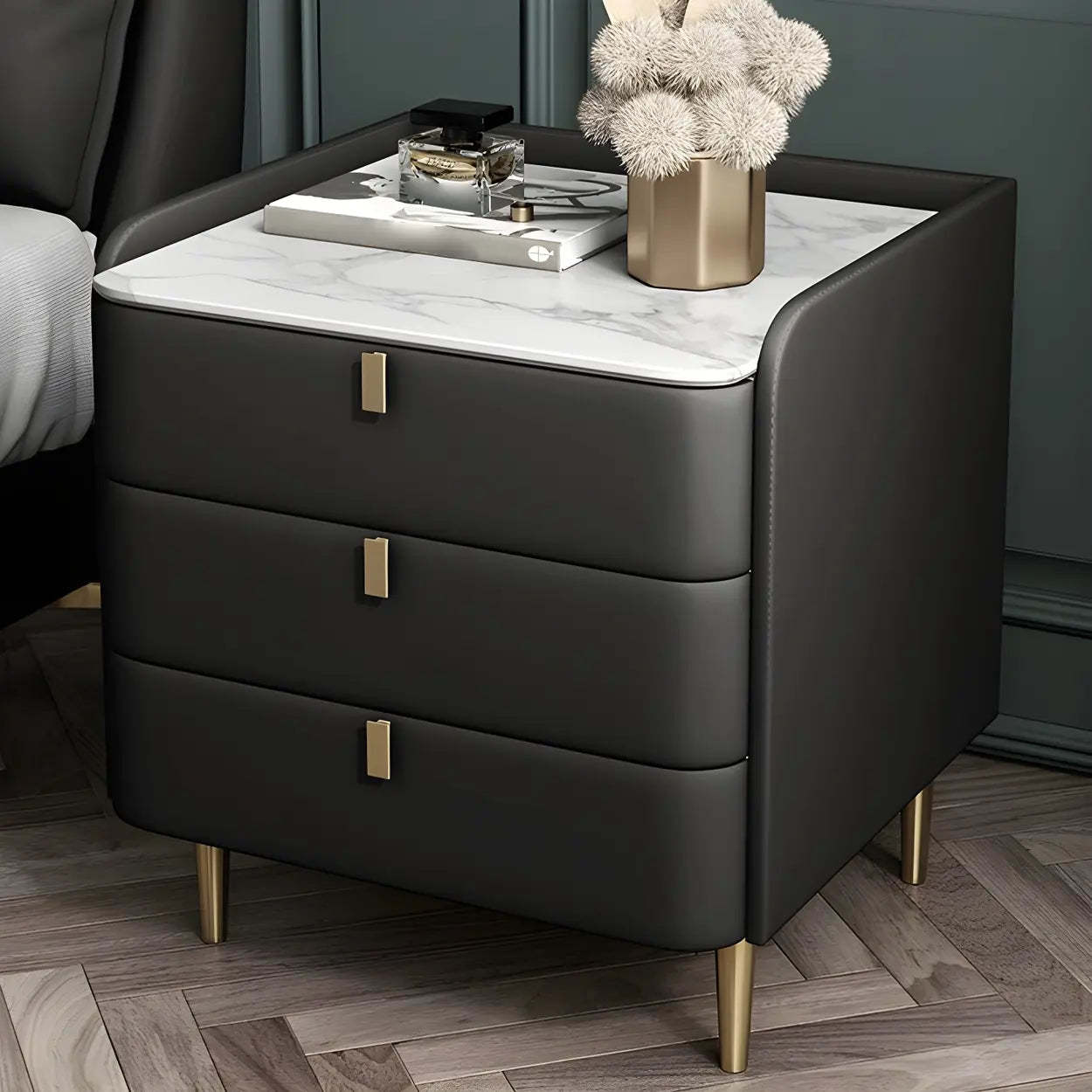 Curved Off-White Leather 3-Drawer Nightstand — Off-White