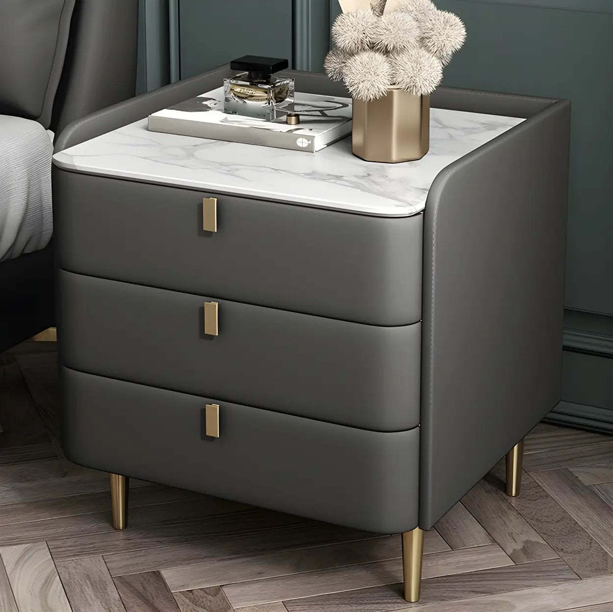 Curved Off-White Leather 3-Drawer Nightstand — Khaki