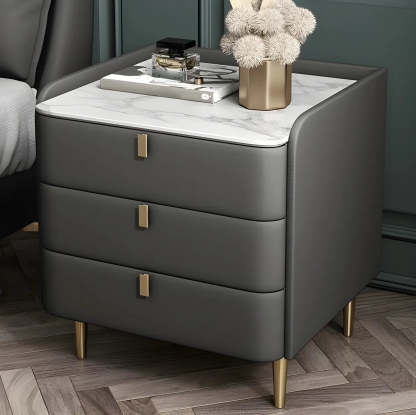 Curved Off-White Leather 3-Drawer Nightstand — Khaki