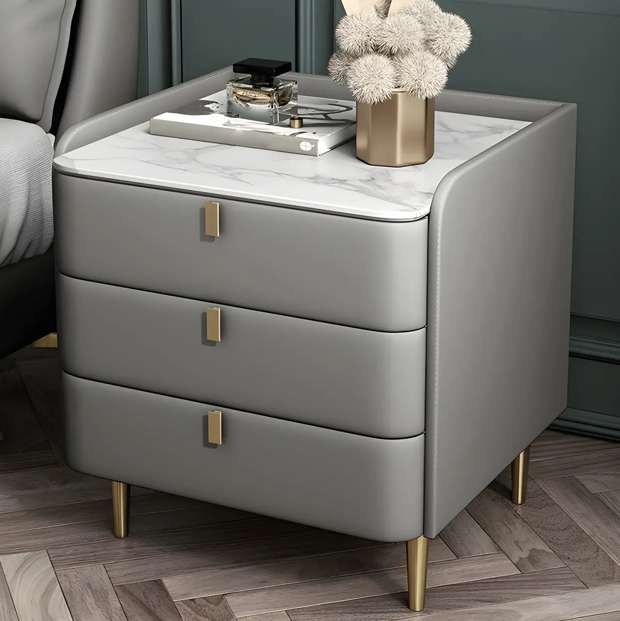 Curved Off-White Leather 3-Drawer Nightstand — Blue
