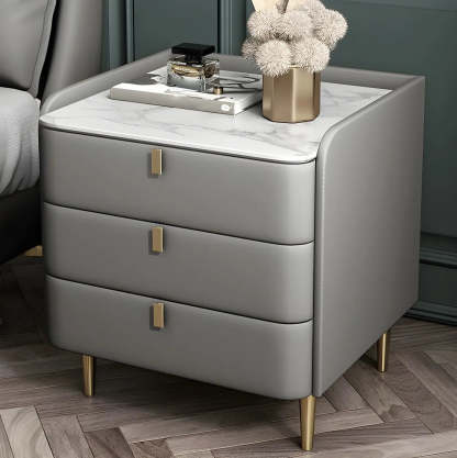 Curved Off-White Leather 3-Drawer Nightstand — Blue