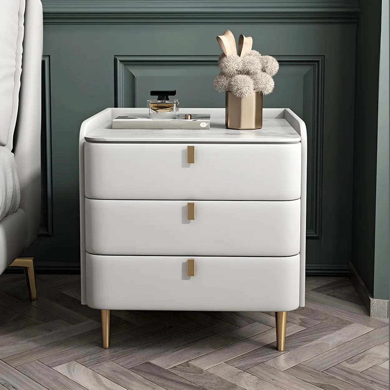 Curved Off-White Leather 3-Drawer Nightstand — Avocado Green