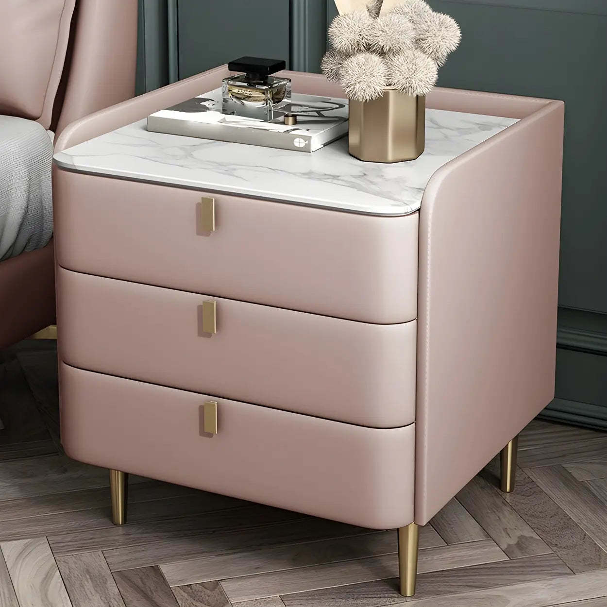 Curved Off-White Leather 3-Drawer Nightstand — Pink