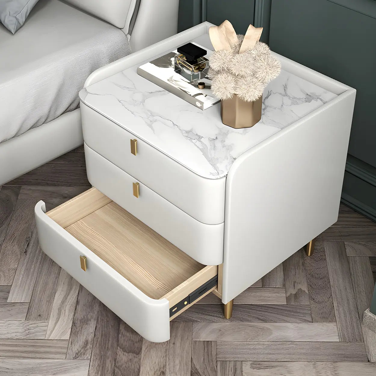 Curved Off-White Leather 3-Drawer Nightstand — Orange