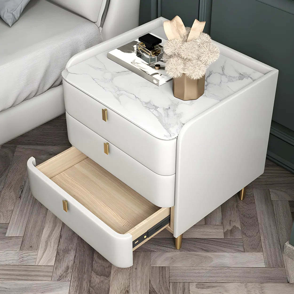 Curved Off-White Leather 3-Drawer Nightstand — Orange