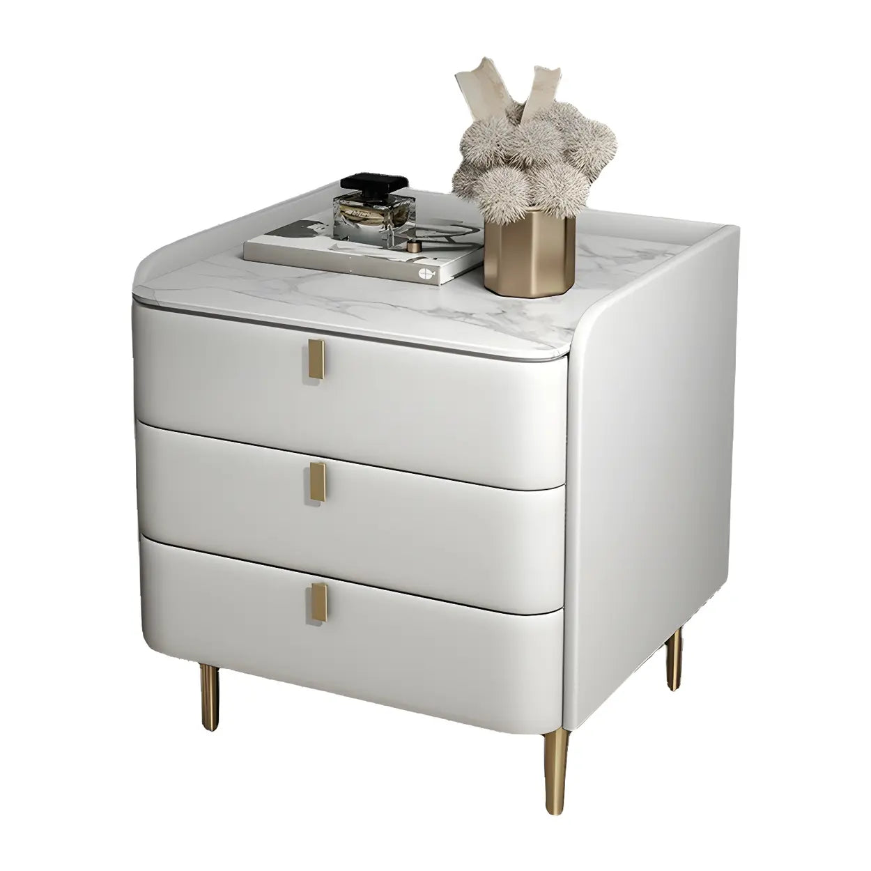 Curved Off-White Leather 3-Drawer Nightstand — Dark Gray