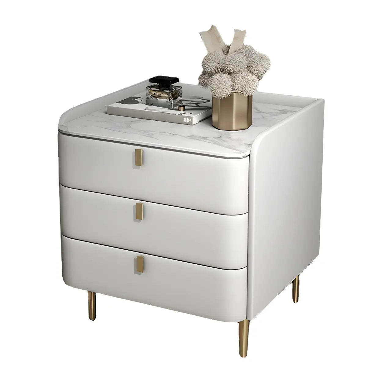 Curved Off-White Leather 3-Drawer Nightstand — Dark Gray