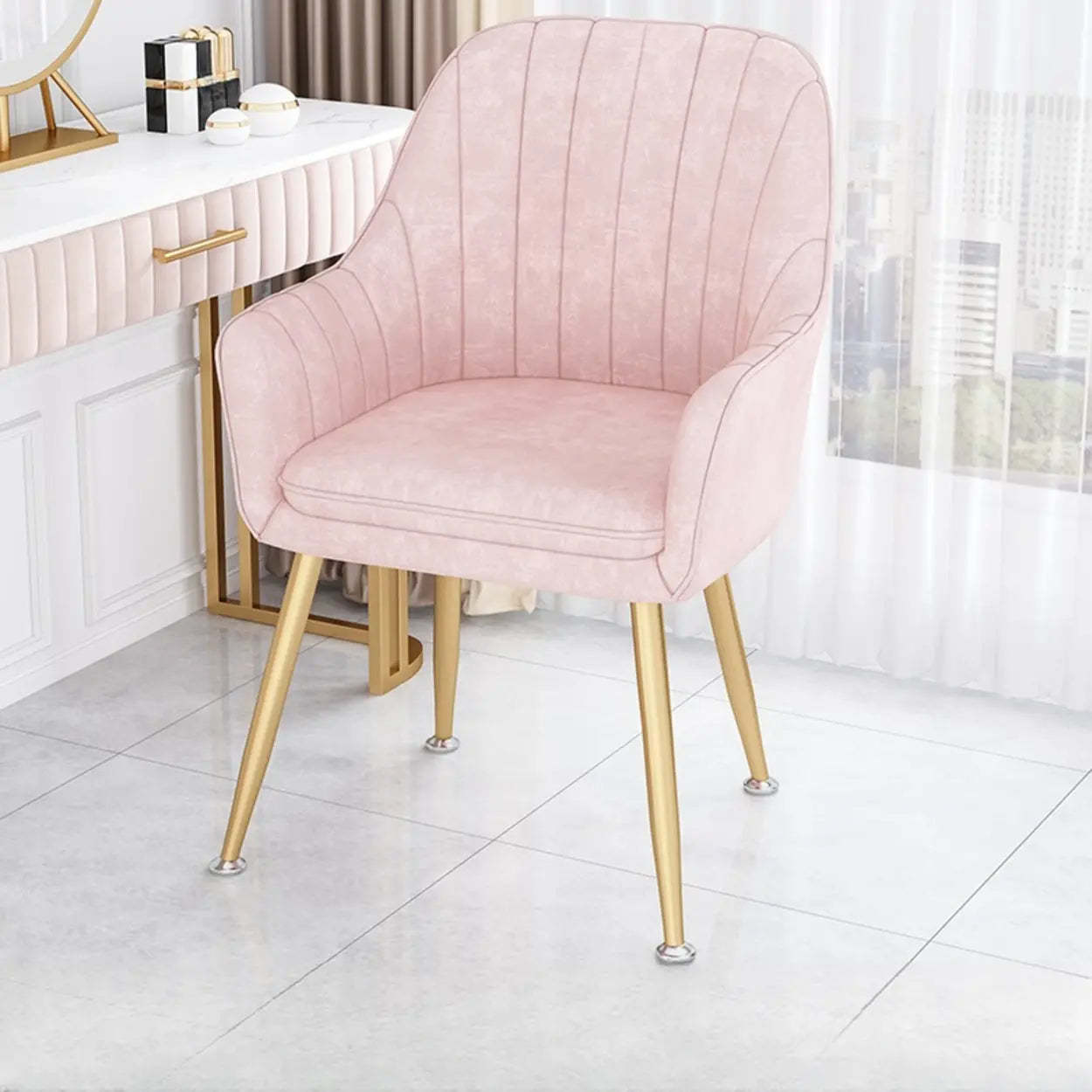 Green Curved Fabric Armrest Dining Chair — Light Pink / Gold
