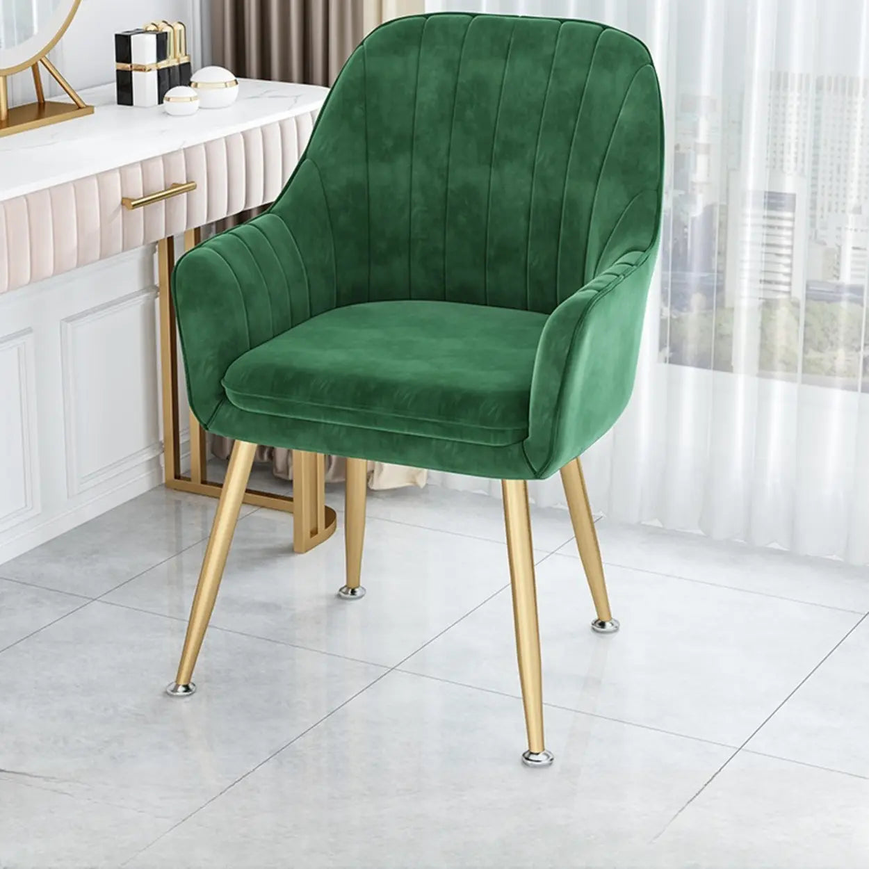 Green Curved Fabric Armrest Dining Chair — Ocean Blue / Black