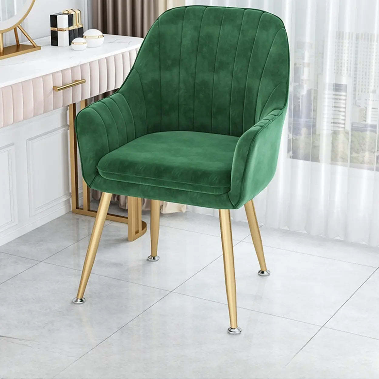 Green Curved Fabric Armrest Dining Chair — Ocean Blue / Black