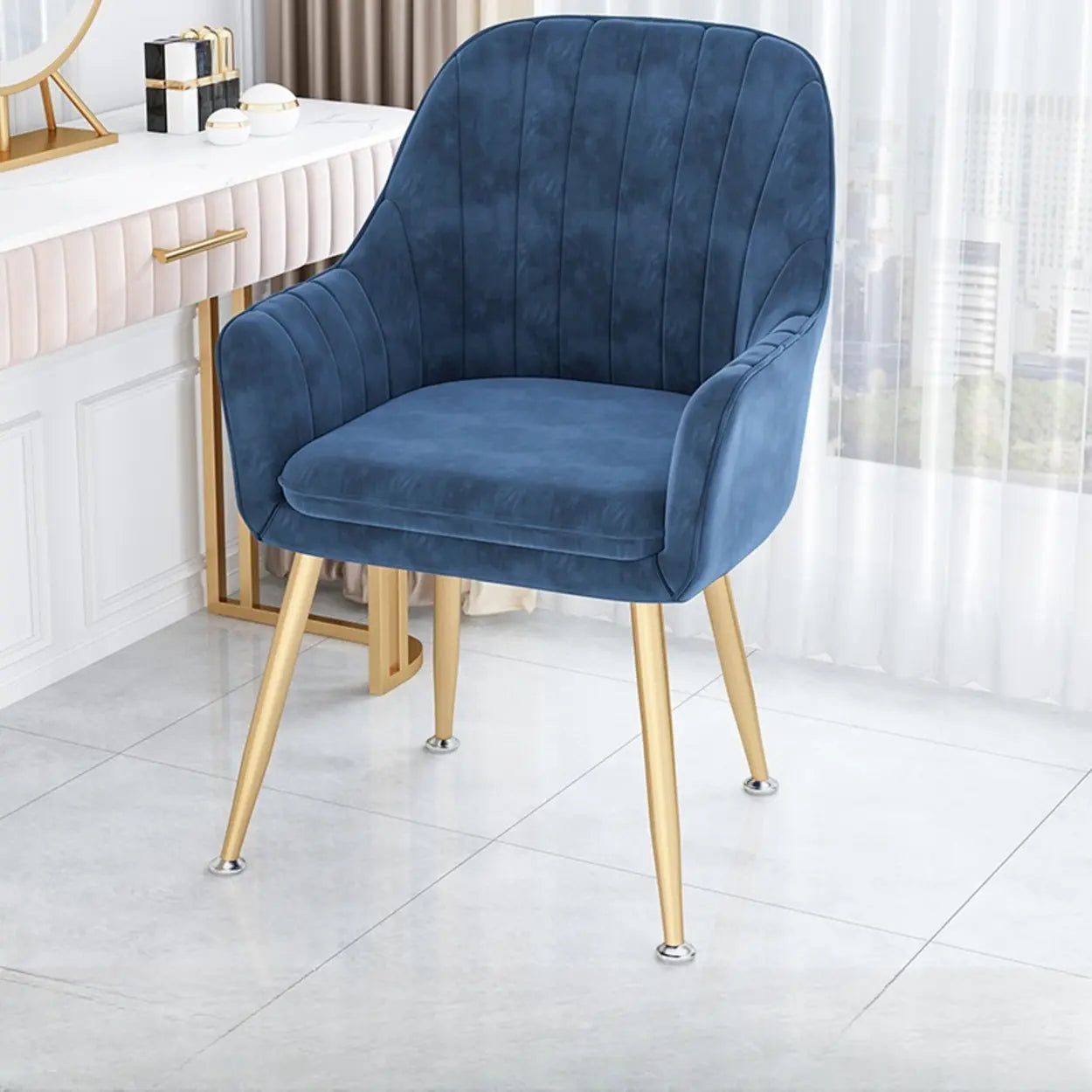 Green Curved Fabric Armrest Dining Chair — Ocean Blue / Gold