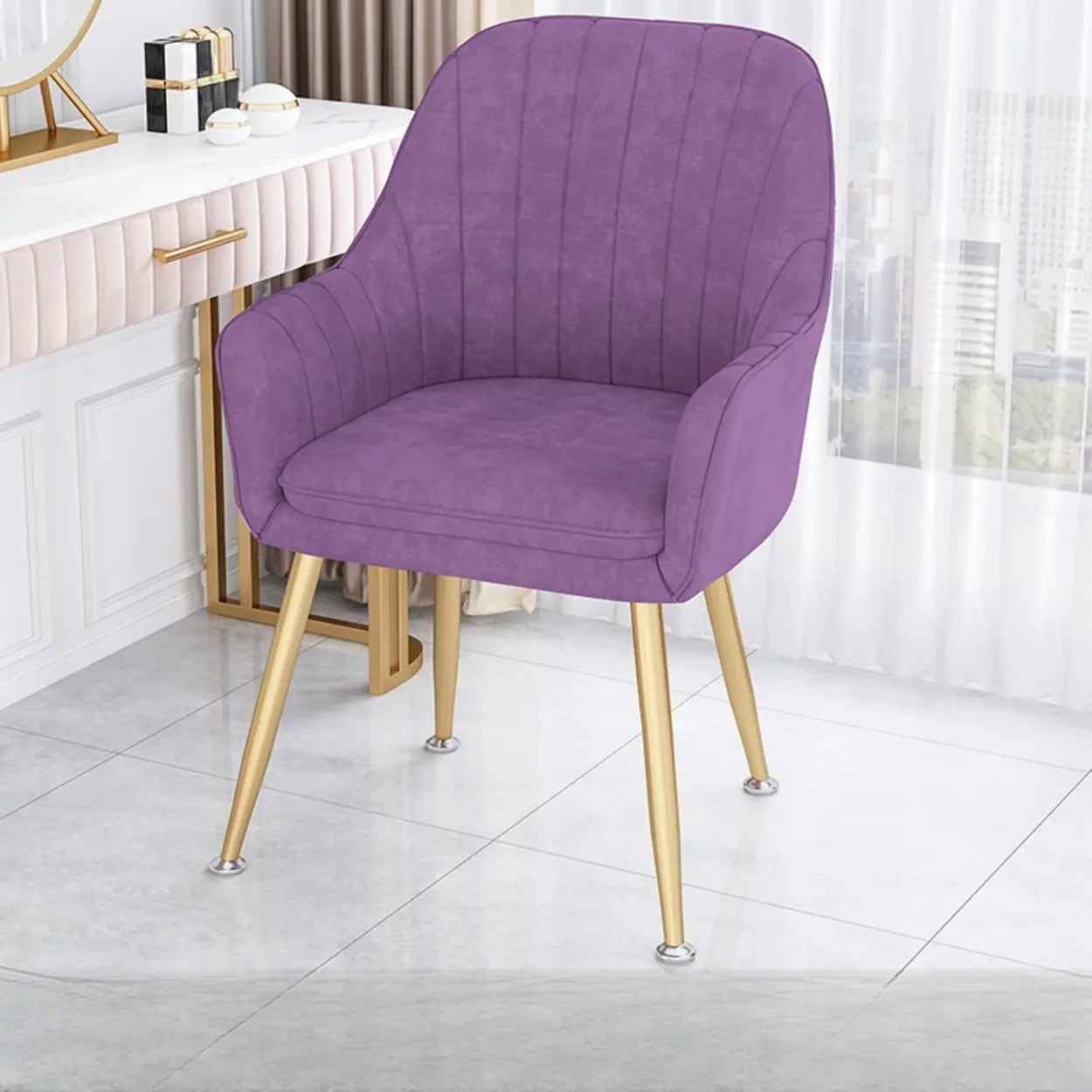 Green Curved Fabric Armrest Dining Chair — Blackish Green / Gold