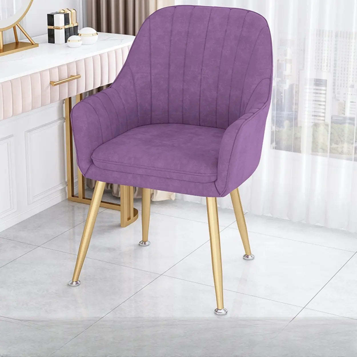 Green Curved Fabric Armrest Dining Chair — Blackish Green / Gold