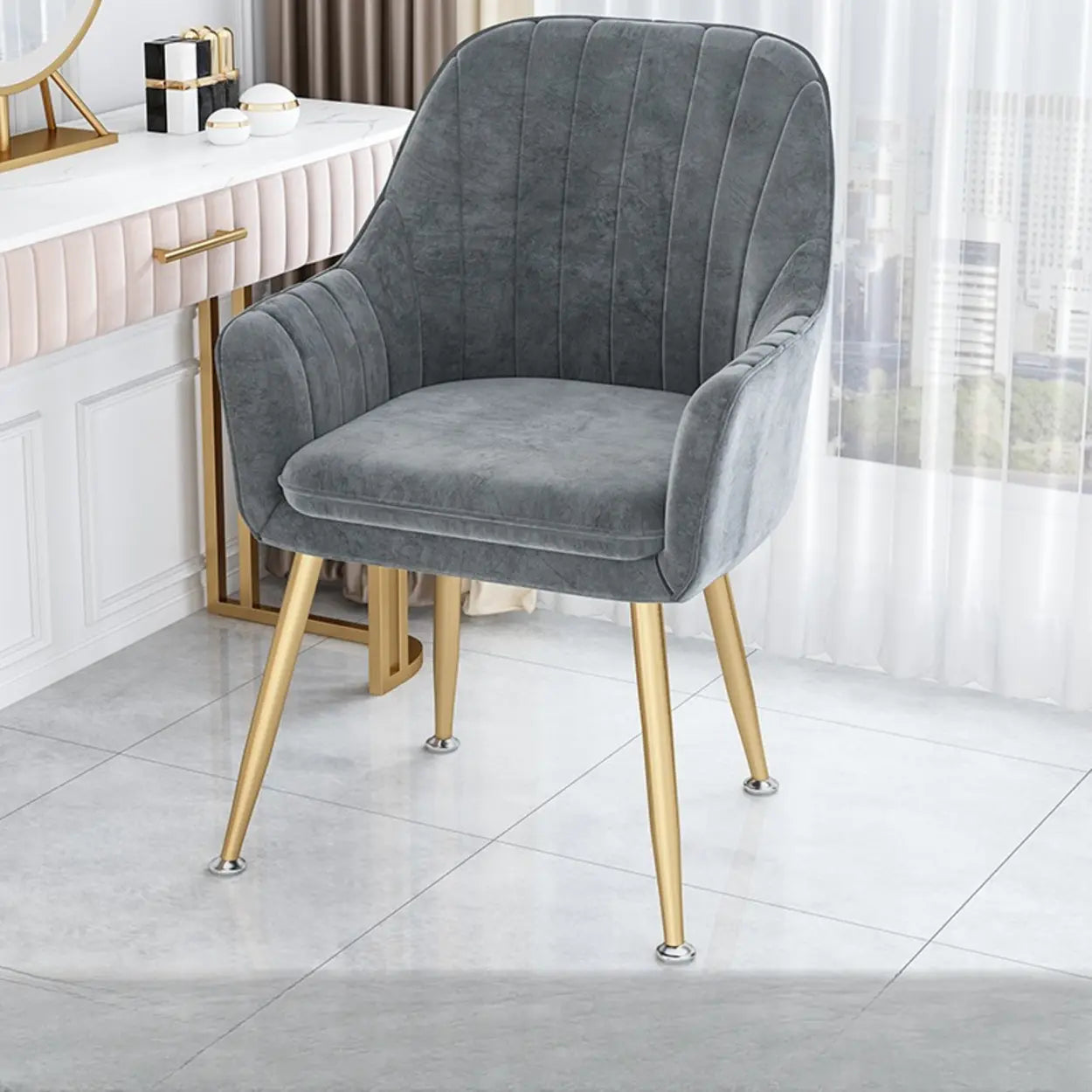 Green Curved Fabric Armrest Dining Chair — Dark Gray / Black